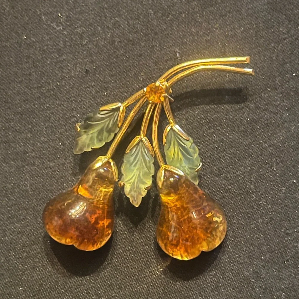 Vintage Gold Tone Austria Fruit Brooch Orange Pears
